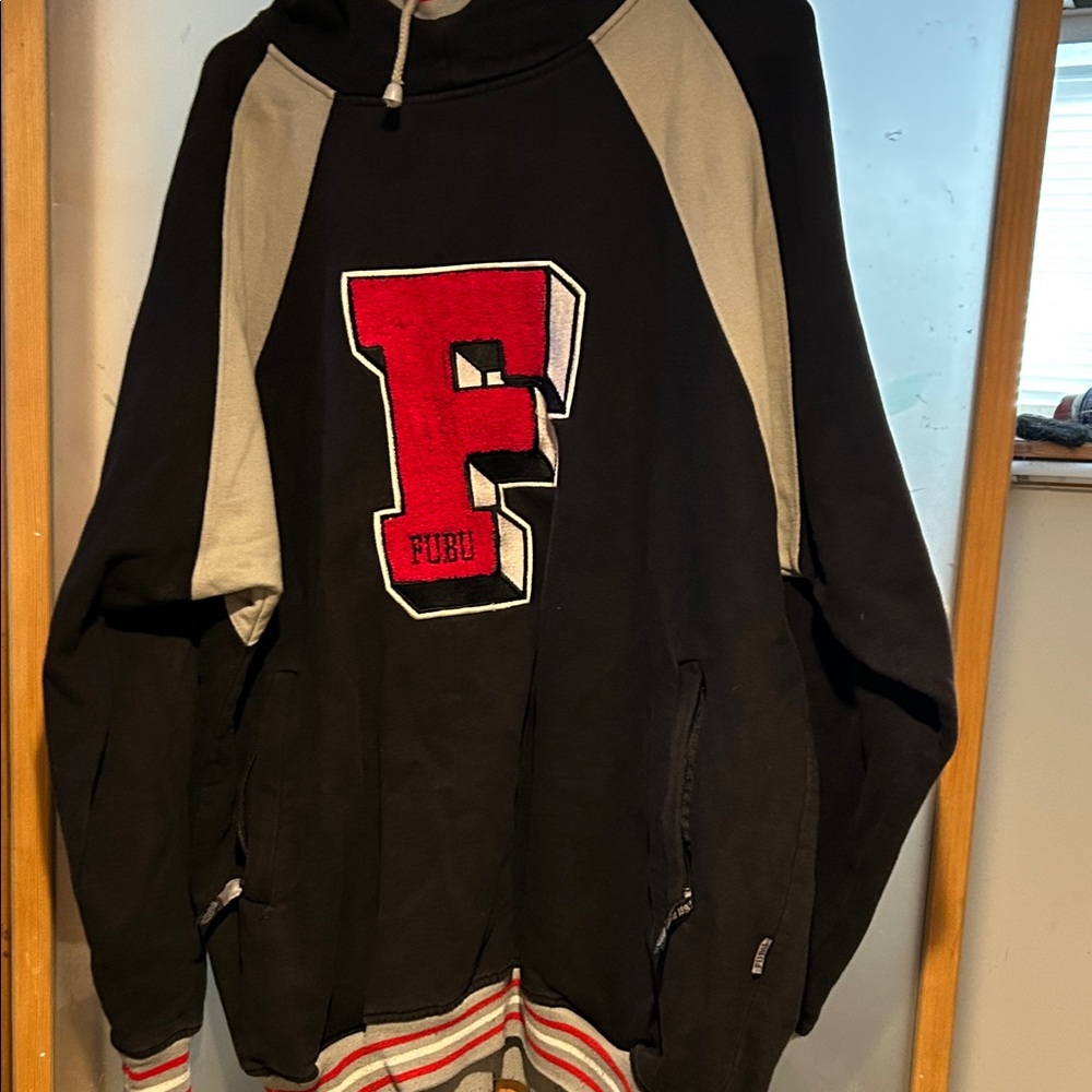 FUBU Black and Gray Hoodie with Red Logo